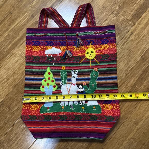 Peruvian Handwoven Tapestry Alpaca Wool Drawstring Large Colorful Backpack 16” - Picture 8 of 13